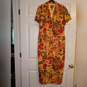 Floral Button-Front Yellow Midi Dress